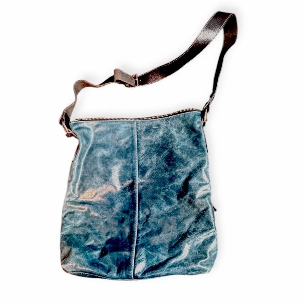 TANO Women’s Teal Blue Leather Multi Zipper Crossbody Shoulder Bag - Picture 2 of 6